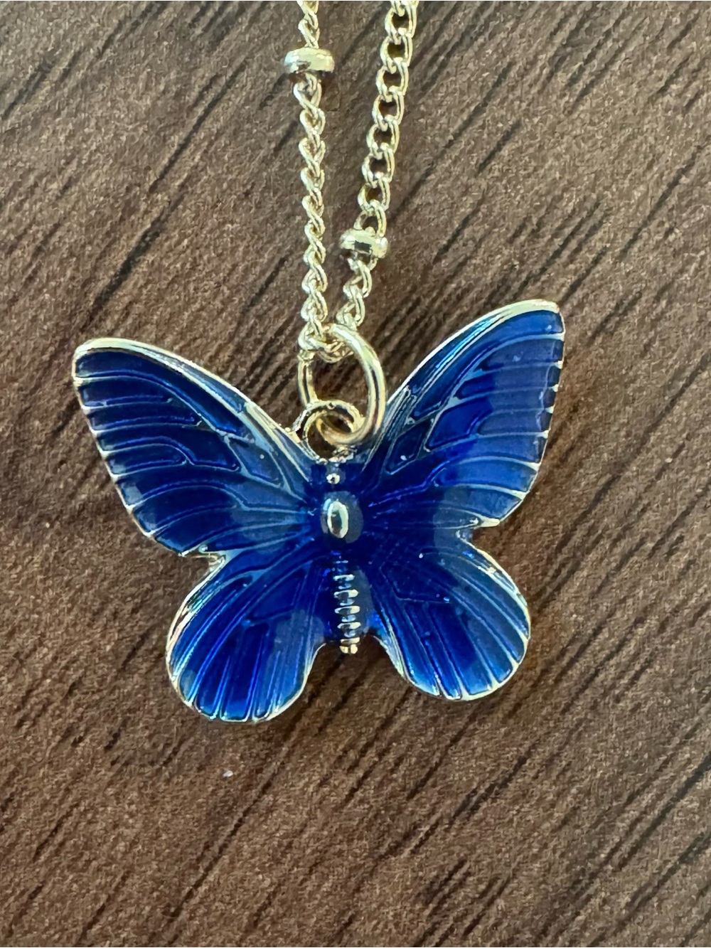 Blue Butterfly Pendant Necklace on Gold Chain - Picture 2 of 2